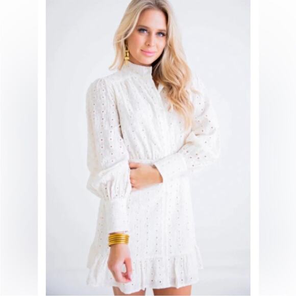 Karlie Ivory Embroidered Eyelet Balloon Sleeve Shirt Mini Dress Small - Picture 1 of 15
